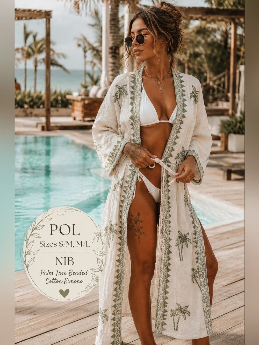 POL NIB Palm Tree Beaded Cotton Kimono Cardigan | Cream Sage Resort Duster
